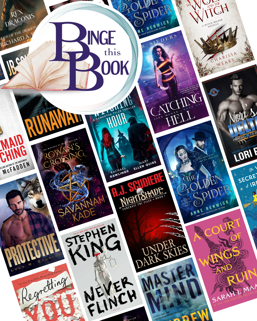 many book covers of both popular and indie author books and Binge this Book logo