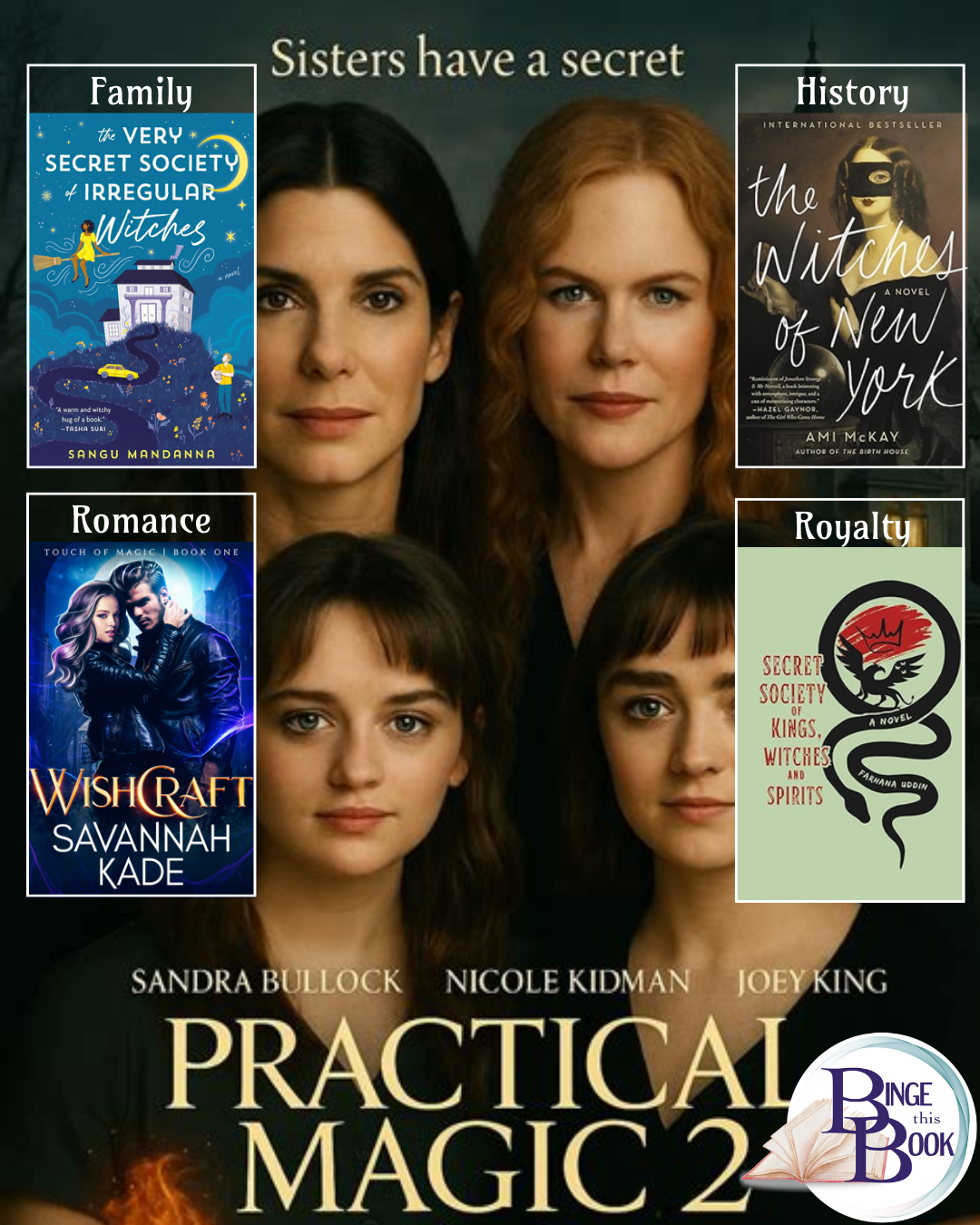 Image of Practical Magic 2 movie poster overlaid with 4 covers of the recommended witchy books
