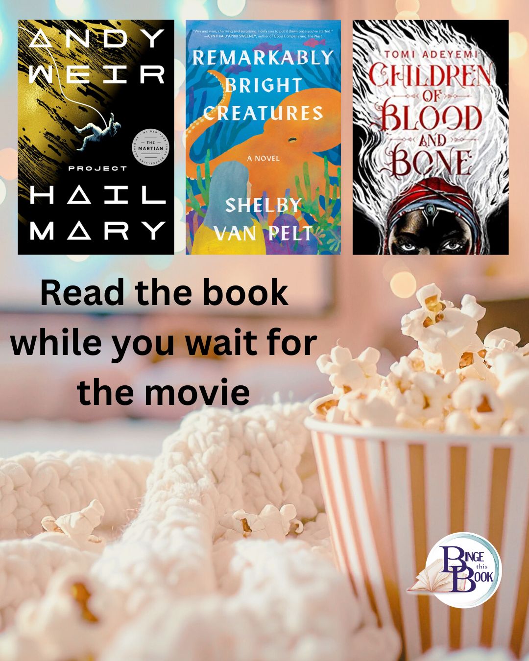 faded image of popcorn with book covers over