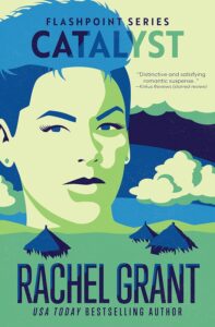 green and blue art image of woman's face and mountains, romantic suspense book cover