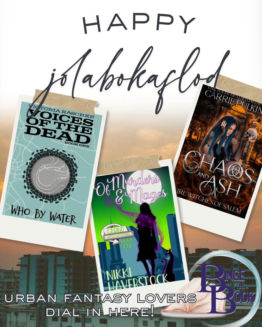 covers of 3 must read urban fantasy books and words "happy jolabokaflod"