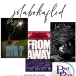 horror book covers from three books with the words "Happy Jolabokaflod" and "free horror for the holiday"