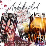 3 thriller covers and blood spatter with the words "happy jolabokaflod" and "free thrillers for your holiday"