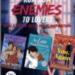 Rom Com enemies to lovers with a sci-fi movie inspiration text over a blurred image that might be the characters from a popular science fiction movie franchise. Three Rom com book covers over it all