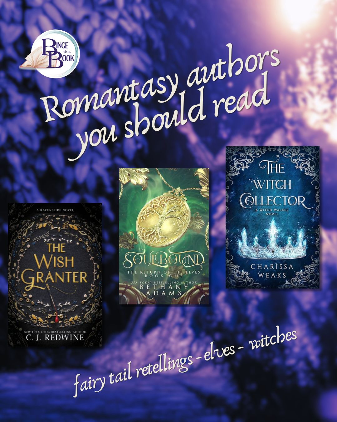 covers of three romantasy books over a purple background