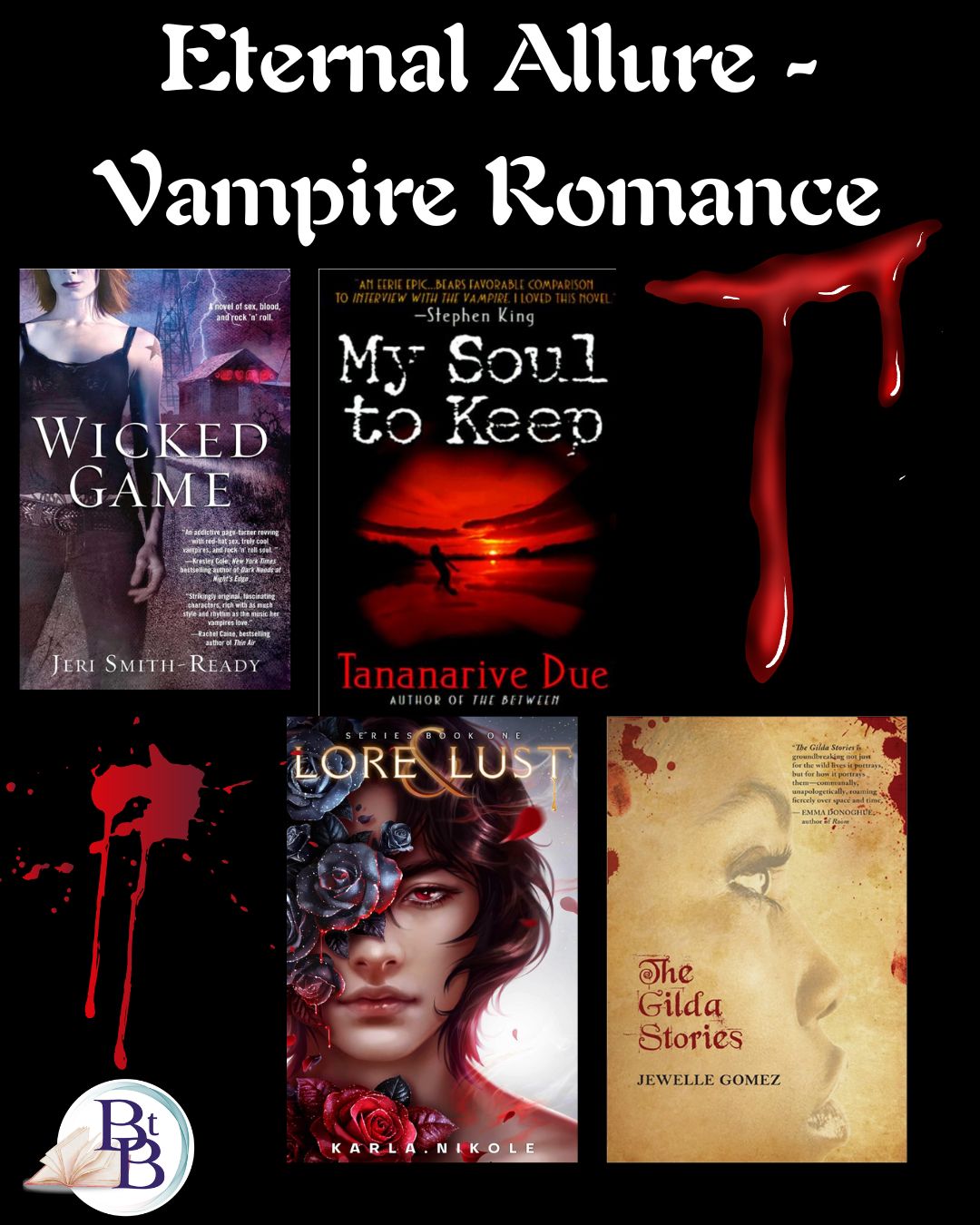 Vampire-Romance-Series-and-Books A graphic featuring a four book covers between graphics of dripping blood plus text "Eternal Allure - Vampire Romance"